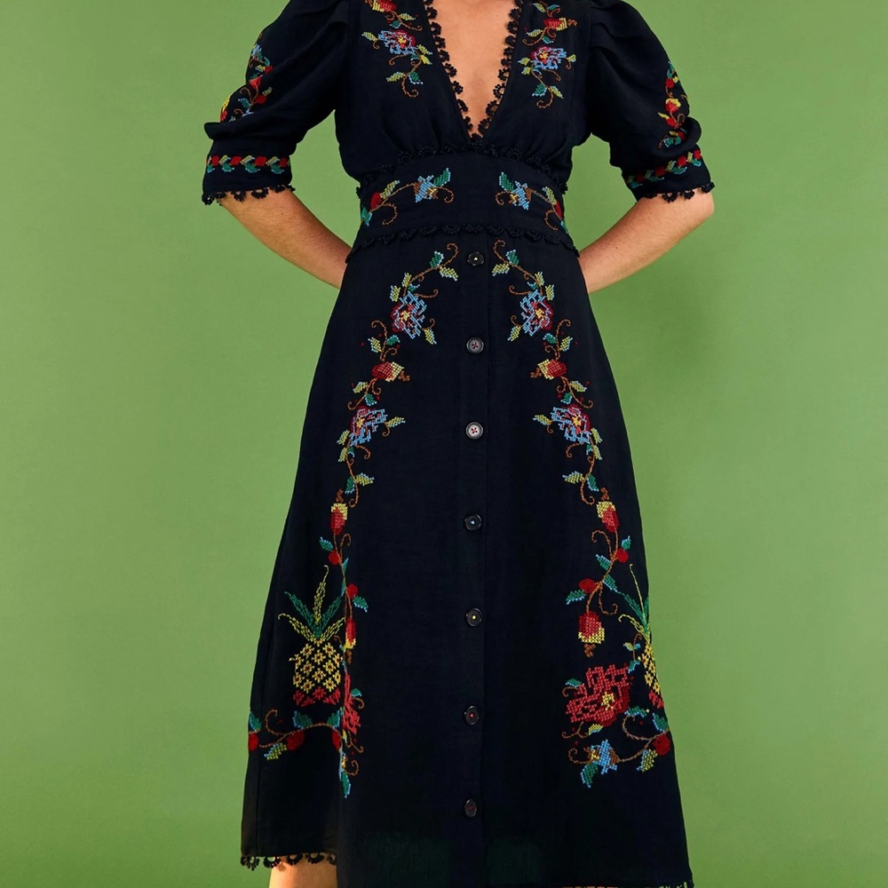 Farm Rio Black Cross Stitch V-neck dress NWT size L